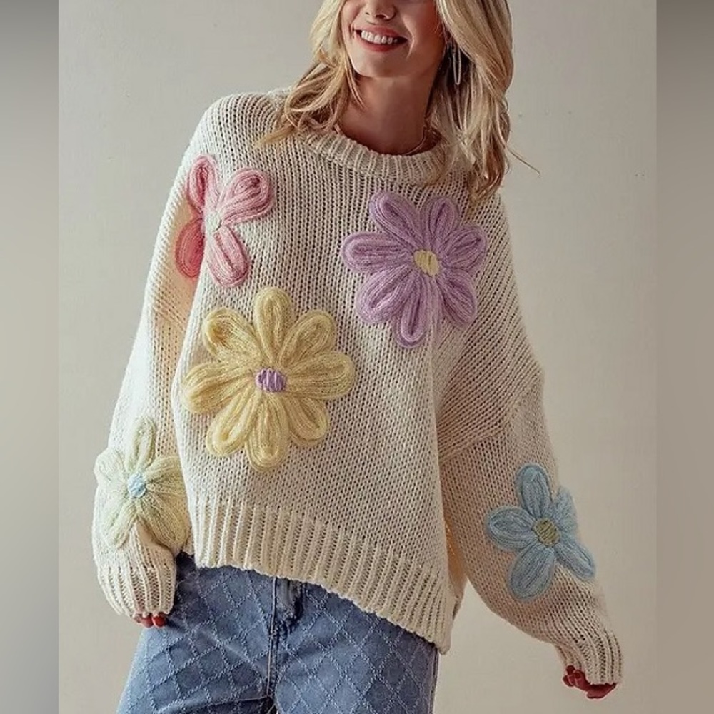 Ivory floral embroidered oversized sweater new with tags